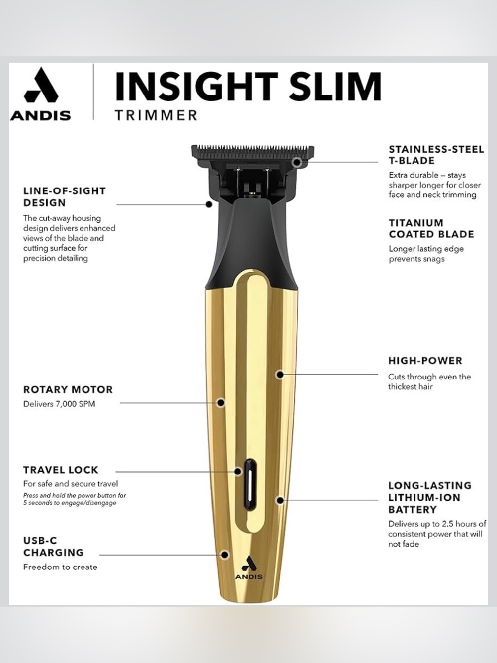 Andis Gold and Black Rechargeable Beard Trimmer with Guide Combs - Picture 6 of 11